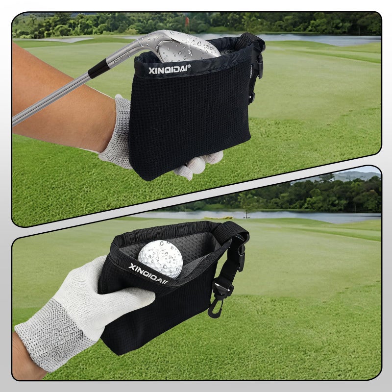 XINQIDAI Golf Club and Golf Ball Cleaning Bag - Cleans Club Grooves, Golf Bag Accessories,Waterproof Clean Face Tech, Detachable Clip, Machine Washable,Golfer Gifts for Men(1-Pack,BLACK) - Image 5