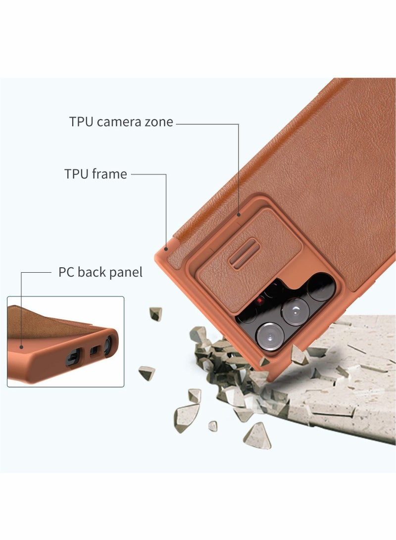 Excefore Case for Samsung Galaxy S22 Ultra Case with Camera Cover and Card Holder, PU Leather Case with Flip Cover and Slide Camera Protection, Durable Shockproof Cover for Samsung S22 Ultra (Brown)  - Image 2