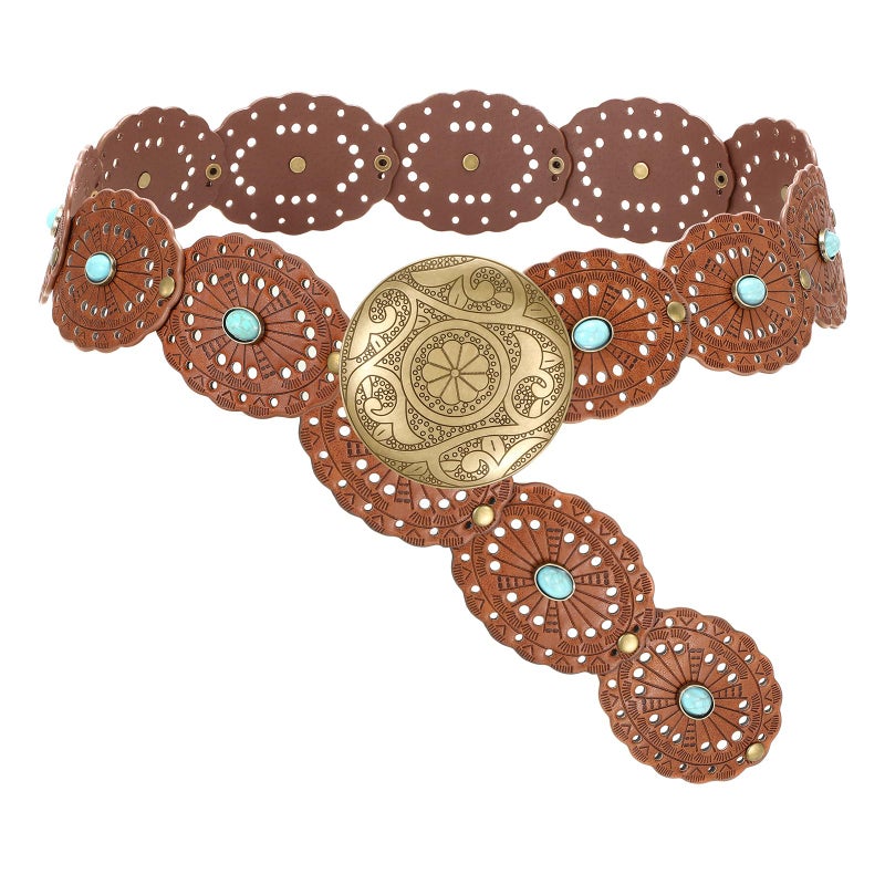 SUOSDEY Wide Brown Western Disc Belt with Turquoise for Woman Cowgirl Cowboy Boho Country Leather Waist Belts for Jeans Dress, Width 2.36" - Image 1