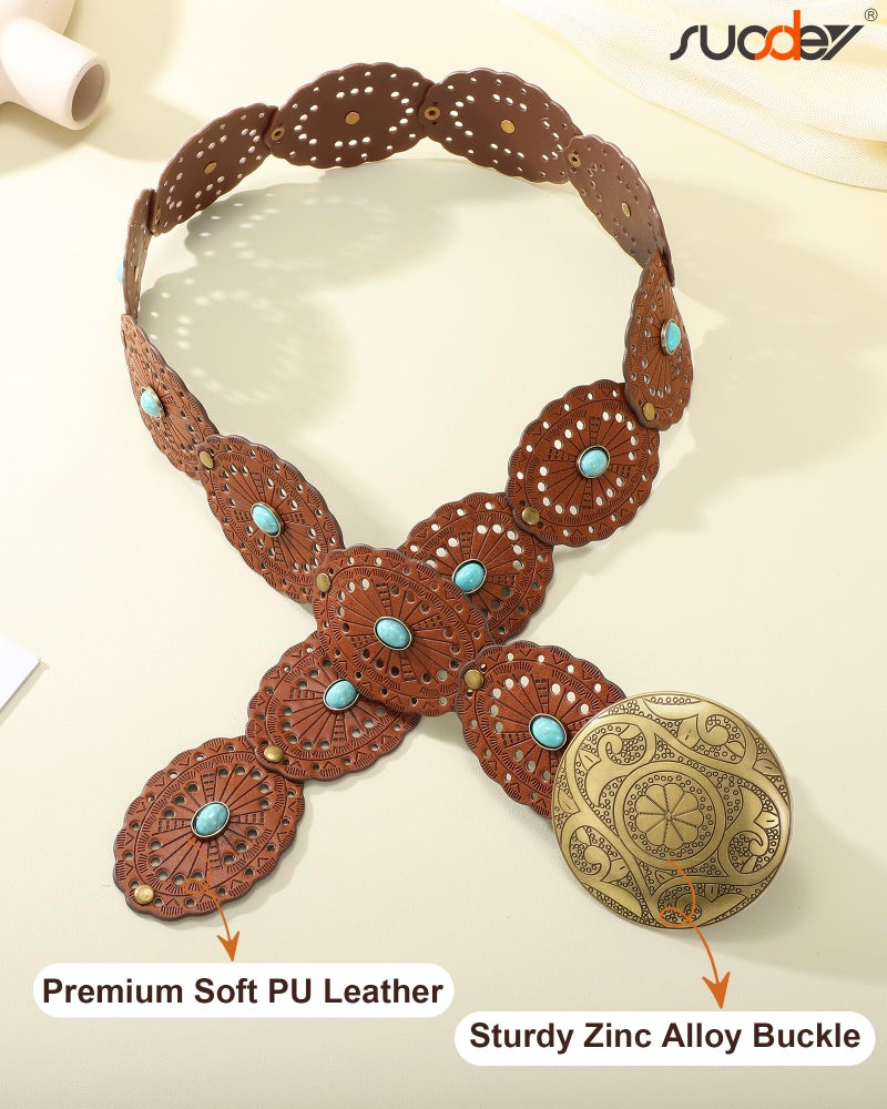 SUOSDEY Wide Brown Western Disc Belt with Turquoise for Woman Cowgirl Cowboy Boho Country Leather Waist Belts for Jeans Dress, Width 2.36" - Image 5