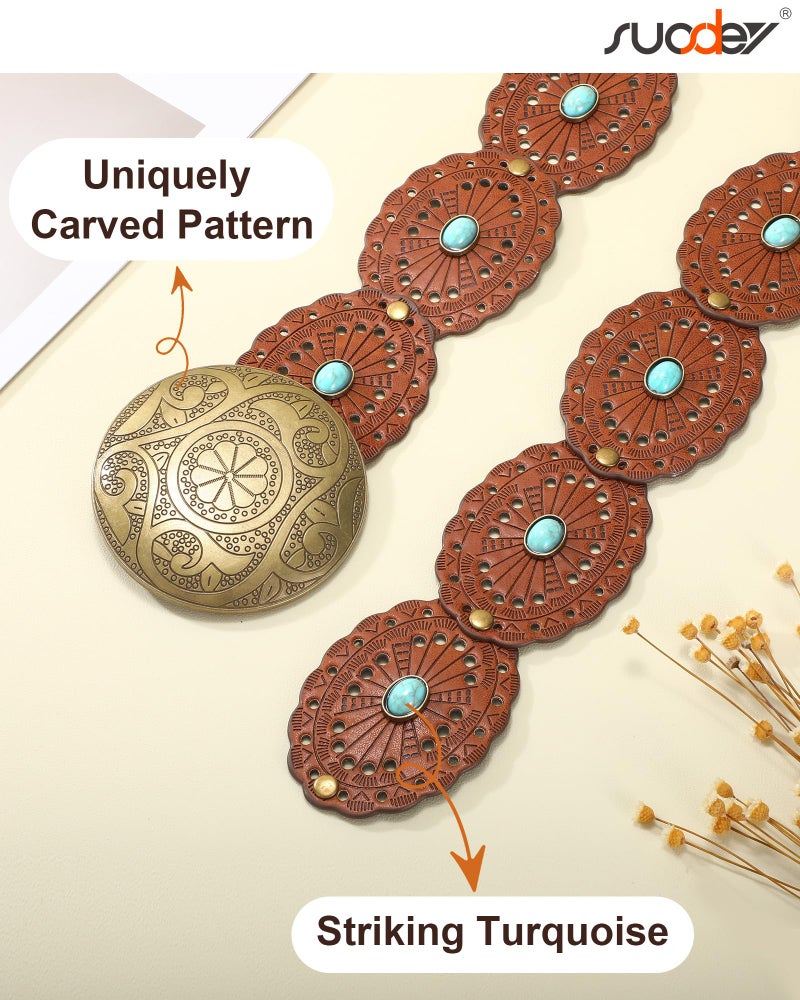 SUOSDEY Wide Brown Western Disc Belt with Turquoise for Woman Cowgirl Cowboy Boho Country Leather Waist Belts for Jeans Dress, Width 2.36" - Image 3