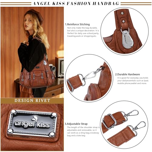 angel kiss Handbags for Women Soft PU Leather Large Hobo Bags for Women Shoulder Bag Brown - Image 4