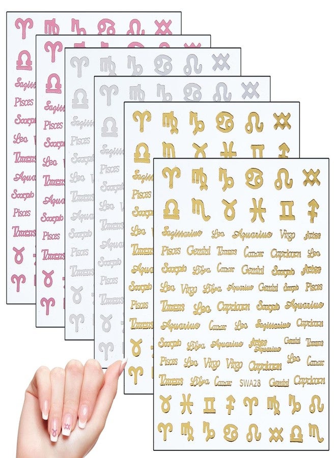 NICENEEDED 6 Sheets English Letters Nail Art Stickers, Gold Silver Pink Nail Decals with Twelve Constellation Line Stripe Design, 3D Self Adhesive DIY Manicure Accessories for Women - Image 1