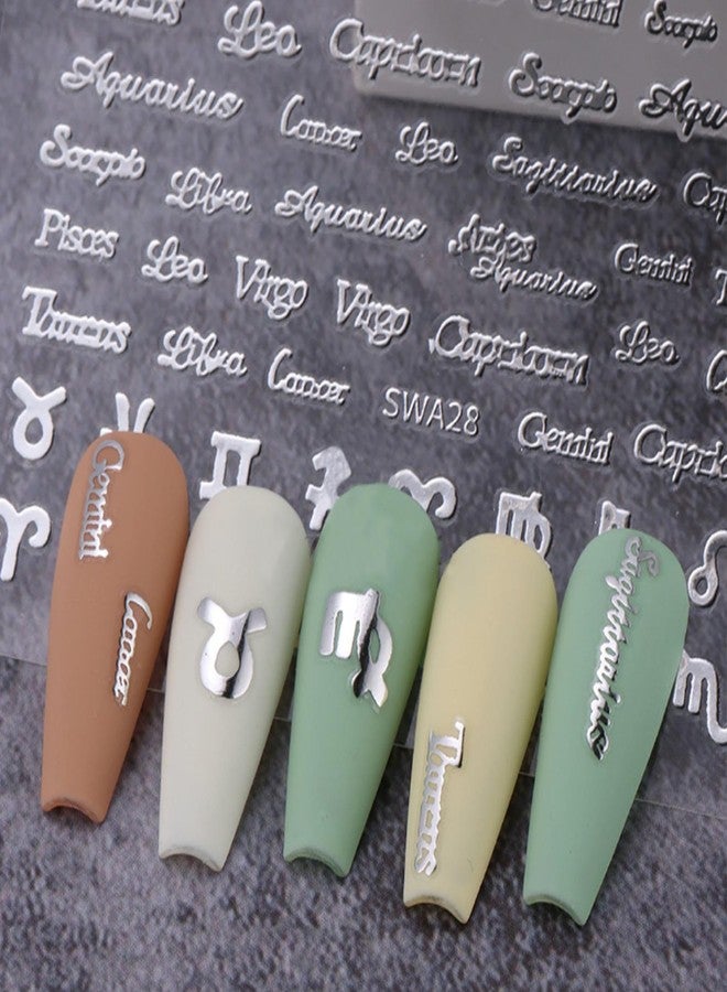 NICENEEDED 6 Sheets English Letters Nail Art Stickers, Gold Silver Pink Nail Decals with Twelve Constellation Line Stripe Design, 3D Self Adhesive DIY Manicure Accessories for Women - Image 3