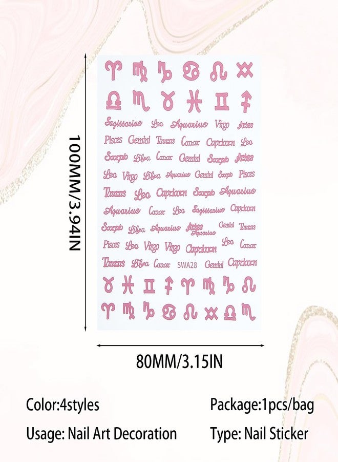 NICENEEDED 6 Sheets English Letters Nail Art Stickers, Gold Silver Pink Nail Decals with Twelve Constellation Line Stripe Design, 3D Self Adhesive DIY Manicure Accessories for Women - Image 2