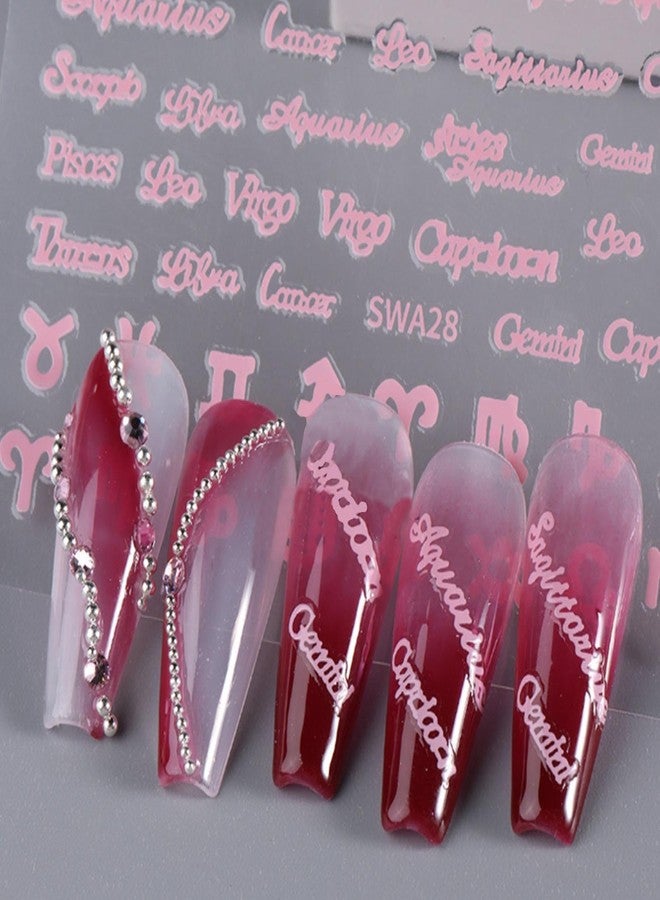 NICENEEDED 6 Sheets English Letters Nail Art Stickers, Gold Silver Pink Nail Decals with Twelve Constellation Line Stripe Design, 3D Self Adhesive DIY Manicure Accessories for Women - Image 5