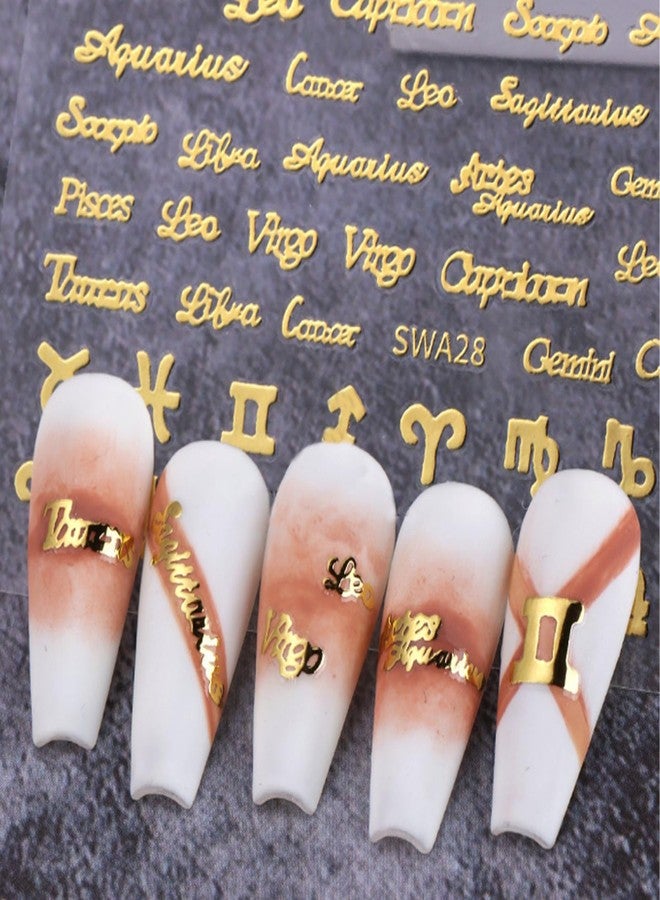 NICENEEDED 6 Sheets English Letters Nail Art Stickers, Gold Silver Pink Nail Decals with Twelve Constellation Line Stripe Design, 3D Self Adhesive DIY Manicure Accessories for Women - Image 4