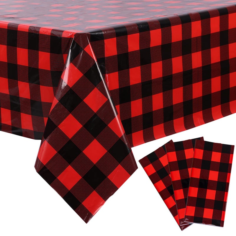 Kesfey 3 Packs Red and Black Christmas Buffalo Check Plaid Table Cloth 54 x 108 Inches Red and Black Gingham Christmas Party Tablecloth Winter Christmas Plastic Checkered Tablecover for Dinner Picnic - Image 1