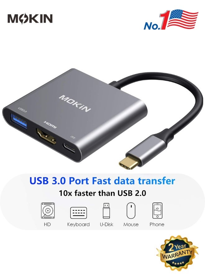 Mokin USB-C to HDMI Multiport Adapter – 3-in-1 Type-C Hub with 4K HDMI Output, USB 3.0 Port & PD 3.0 60W Charging, Thunderbolt 3 Compatible, 5Gbps Data Transfer for MacBook Pro/Air, iPad Pro, Galaxy S24/S23, Laptop & More - Image 1