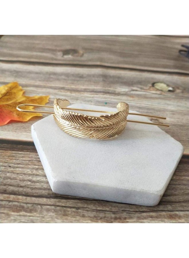 Fodattm Creative Alloy Leaf Hair Cuff Hair Stick Hairpin Hair Accessories Minimalist Hair Clip Hair Barrette Feather Bun Holder Vintage Bun Cage For Women Lady (Gold)  - Image 4