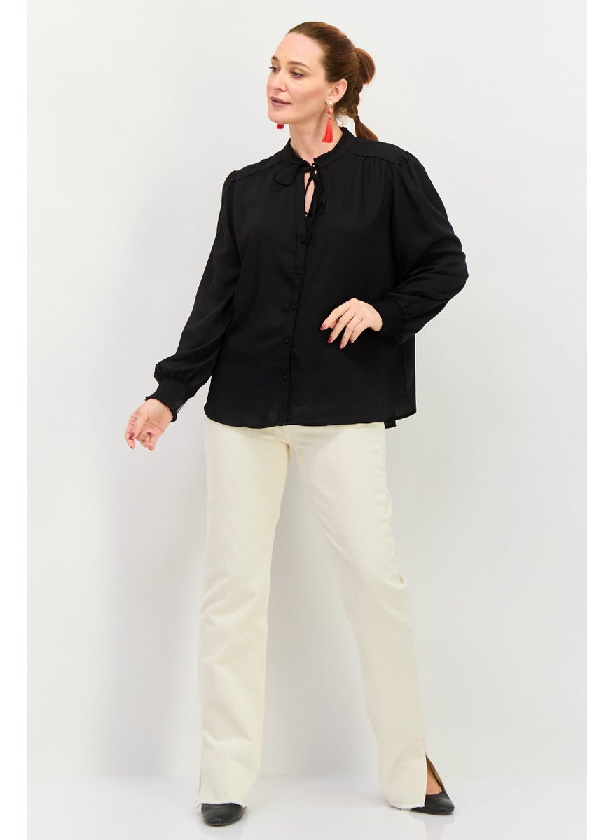Black Tape - Women Tie Neck Long Sleeves Plain Top, Black - Image 1