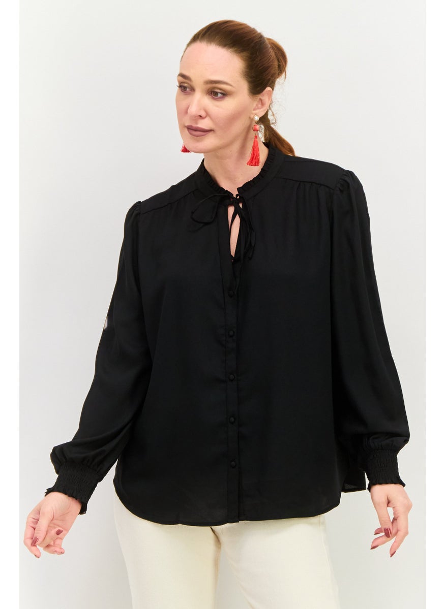 Black Tape - Women Tie Neck Long Sleeves Plain Top, Black - Image 1
