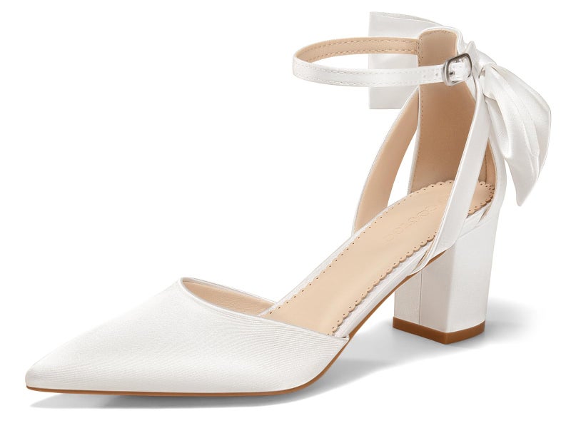 Coutgo Womens Chunky Heels Low Heel Ankle Strap D'Orsay Pumps Closed Pointed Toe Wedding Bridal Shoes, Ivory White, Size 8.5 - Image 1