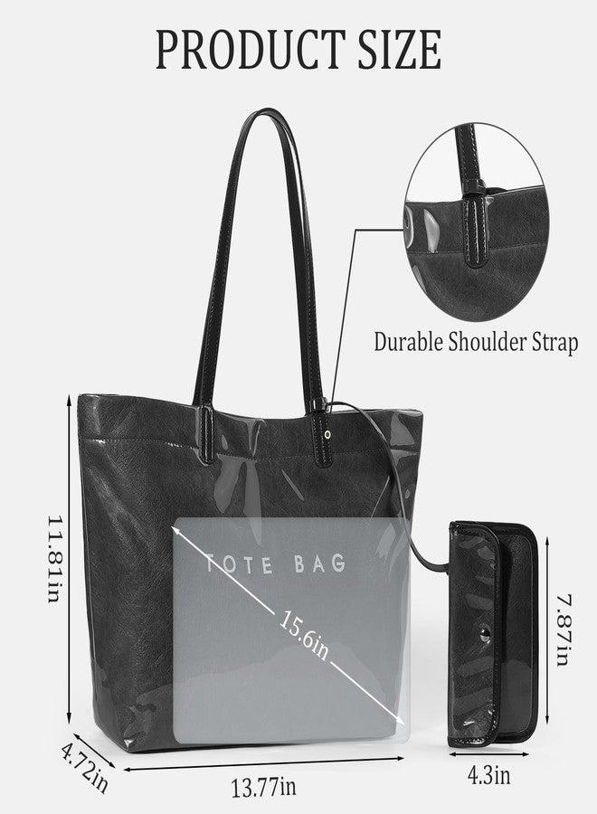 Lushandy PVC Tote Bag for Women Kraft Paper Letters Print Tote Bags Plastic Clear Shoulder Purse Hobo Handbag with Pouch - Image 5