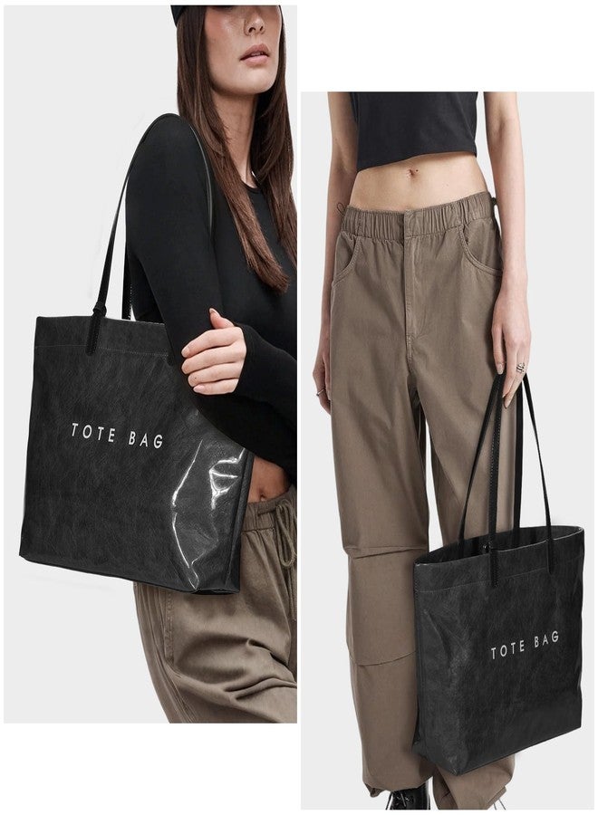 Lushandy PVC Tote Bag for Women Kraft Paper Letters Print Tote Bags Plastic Clear Shoulder Purse Hobo Handbag with Pouch - Image 2