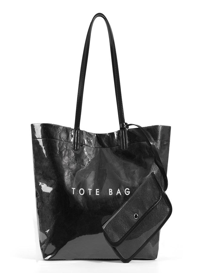 Lushandy PVC Tote Bag for Women Kraft Paper Letters Print Tote Bags Plastic Clear Shoulder Purse Hobo Handbag with Pouch - Image 1