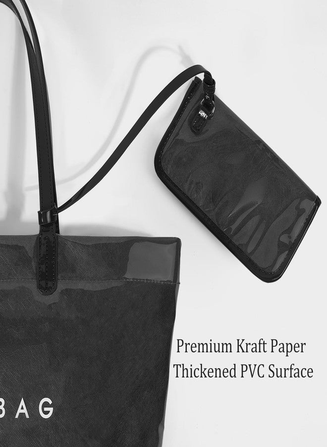 Lushandy PVC Tote Bag for Women Kraft Paper Letters Print Tote Bags Plastic Clear Shoulder Purse Hobo Handbag with Pouch - Image 3