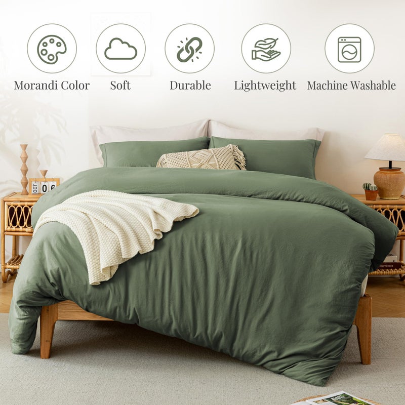 MILDLY Super Soft Duvet Cover - 100% Washed Microfiber Olive Green Comforter Cover Set 3 Pieces with Zipper Closure & Corner Ties (No Comforter) - Image 2