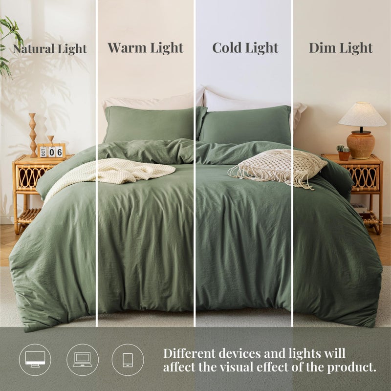 MILDLY Super Soft Duvet Cover - 100% Washed Microfiber Olive Green Comforter Cover Set 3 Pieces with Zipper Closure & Corner Ties (No Comforter) - Image 4