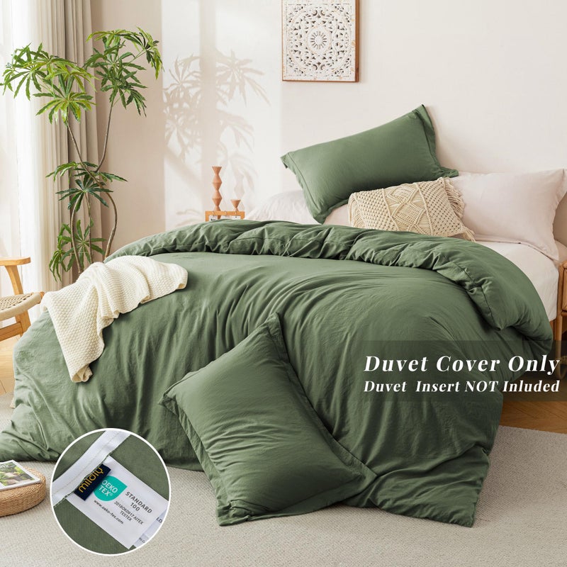 MILDLY Super Soft Duvet Cover - 100% Washed Microfiber Olive Green Comforter Cover Set 3 Pieces with Zipper Closure & Corner Ties (No Comforter) - Image 3