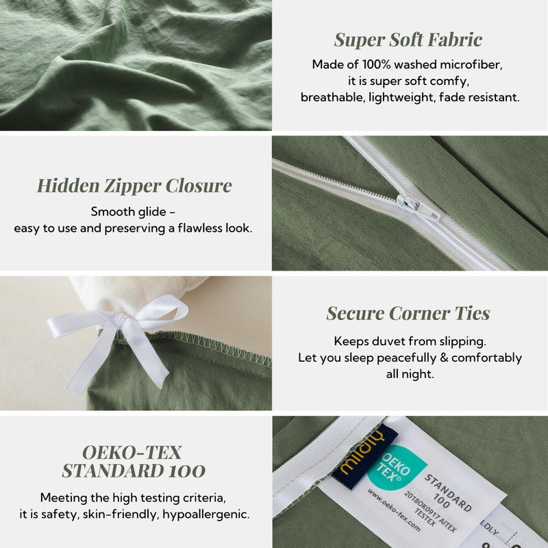 MILDLY Super Soft Duvet Cover - 100% Washed Microfiber Olive Green Comforter Cover Set 3 Pieces with Zipper Closure & Corner Ties (No Comforter) - Image 5