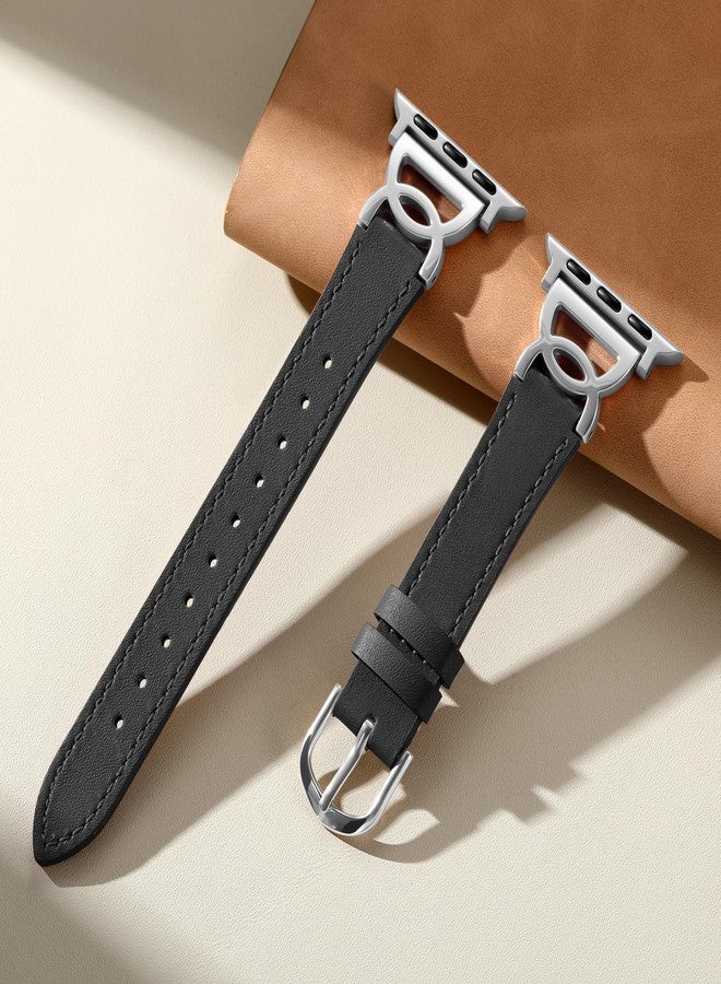 DaQin Slim Leather Band Compatible with Apple Watch Bands for Women 40mm 38mm 41mm 42mm, Dressy Leather Strap with Designer DC-shaped Buckle for iWatch Bands Series 11 10 9 8 7 6 5 4 3 2 1 SE,Black - Image 4
