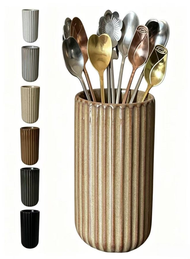 TOPYOKK Stoneware Coffee Bar Utensil Holder Tea & Coffee Spoon & Stirrer Holder for Stir Stick Straw Teaspoon Holder Spoon Cup Small Utensil Jar Fluted Vertical Stripe (Rustic Brown) - Image 1