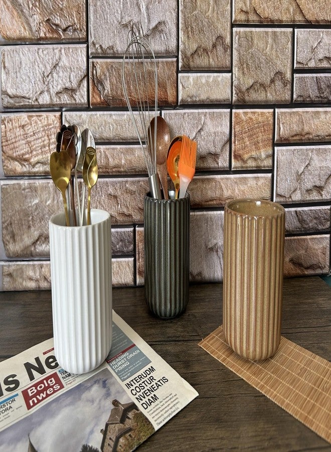 TOPYOKK Stoneware Coffee Bar Utensil Holder Tea & Coffee Spoon & Stirrer Holder for Stir Stick Straw Teaspoon Holder Spoon Cup Small Utensil Jar Fluted Vertical Stripe (Rustic Brown) - Image 3