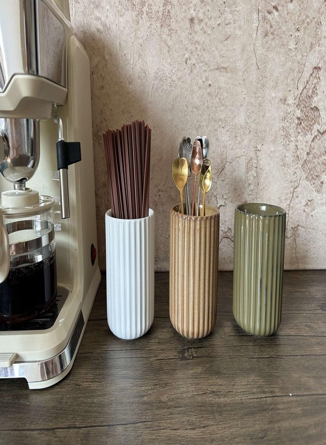 TOPYOKK Stoneware Coffee Bar Utensil Holder Tea & Coffee Spoon & Stirrer Holder for Stir Stick Straw Teaspoon Holder Spoon Cup Small Utensil Jar Fluted Vertical Stripe (Rustic Brown) - Image 2