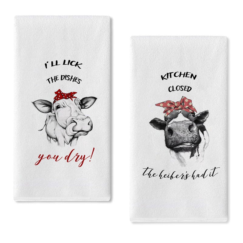 Seliem Funny Farm Cow Kitchen Dish Towel Kitchen Closed The Heifers Had it Ill Lick The Dishes You Dry Sign Tea Bar Hand Drying Cloth Country Farmhouse Humor Animal Decor Home Decorations 18 x 26