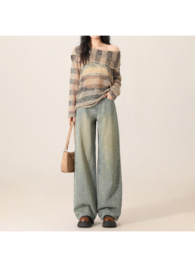 هابي بنطلون جينز واسع الأرجل أزرق ريترو للسيدات خريف وشتاء جديد نسائي مرتفع الخصر فضفاض نحيف مستقيم الأرجل يلامس الأرض - Image 1