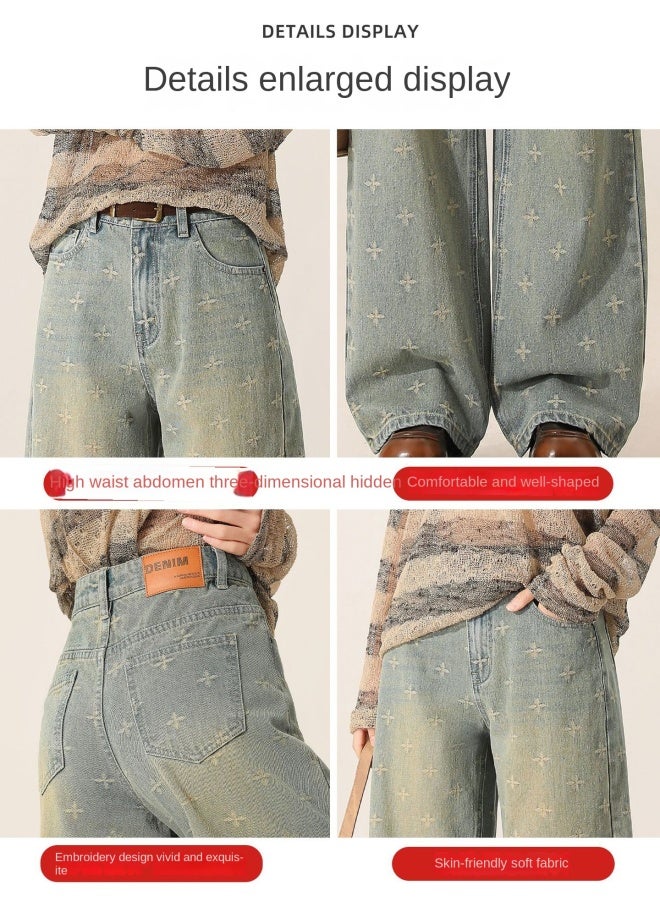 هابي بنطلون جينز واسع الأرجل أزرق ريترو للسيدات خريف وشتاء جديد نسائي مرتفع الخصر فضفاض نحيف مستقيم الأرجل يلامس الأرض - Image 2