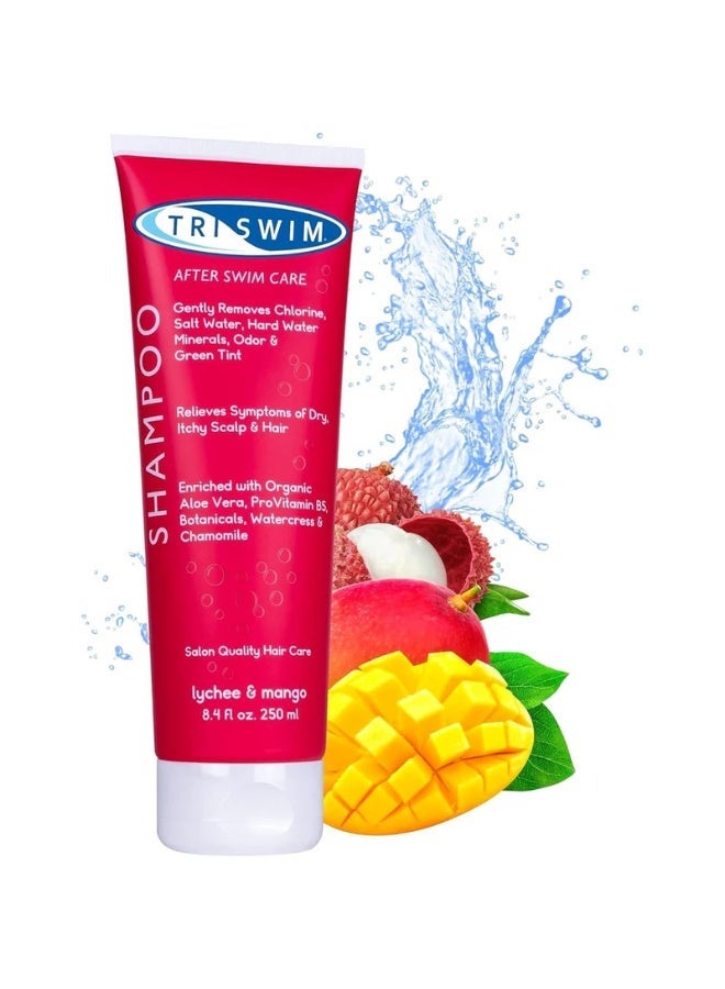 TRISWIM Chlorine Removal Shampoo | After Swim Care | Moisturizing Anti-Chlorine Vegan Shampoo For Swimmers | Removes Green Tint | Lychee & Mango (250ml) - Image 1