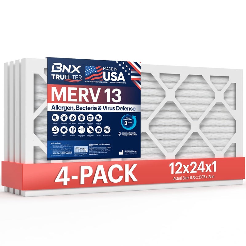 BNX TruFilter 12x24x1 Air Filter MERV 13 (4-Pack) - MADE IN USA - Electrostatic Pleated Air Conditioner HVAC AC Furnace Filters for Allergies, Pollen, Mold, Bacteria, Smoke, Allergen, MPR 1900 FPR 10 - Image 1