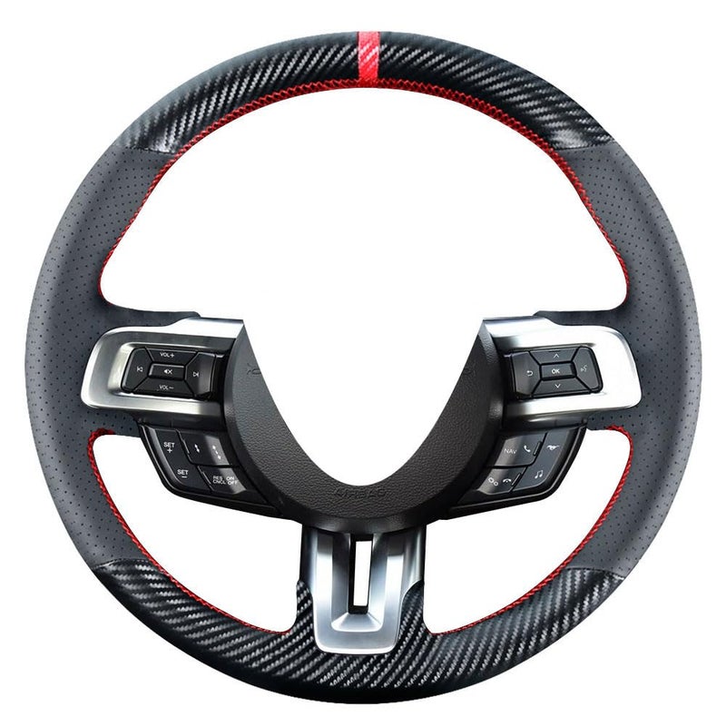 Kivnto DIY Steering Wheel Cover Custom Fit for Ford Mustang 2015 2016 2017 2018 2019 2020 2021 15 inches Black Leather Carbon Fiber Interior Accessories