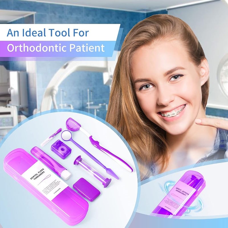 مجموعة تنظيف أدوات تقويم الأسنان من Annhua (8 قطع): فرشاة أسنان، شمع تقويم الأسنان، خيط أسنان، مرآة فموية، أدوات لتمرير خيط الأسنان، ومؤقت على شكل ساعة رملية (لون بنفسجي). - Image 3