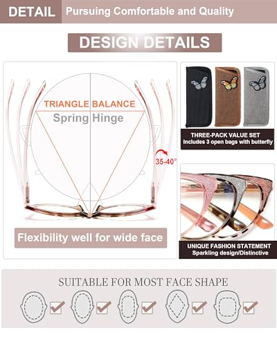 YTDBNS Reading Glasses for Women, Cat Eye Readers, Fashion Blue Light Blocking Eyewear, Lightweight Spring Hinge Frames for Everyday Wear - Image 4
