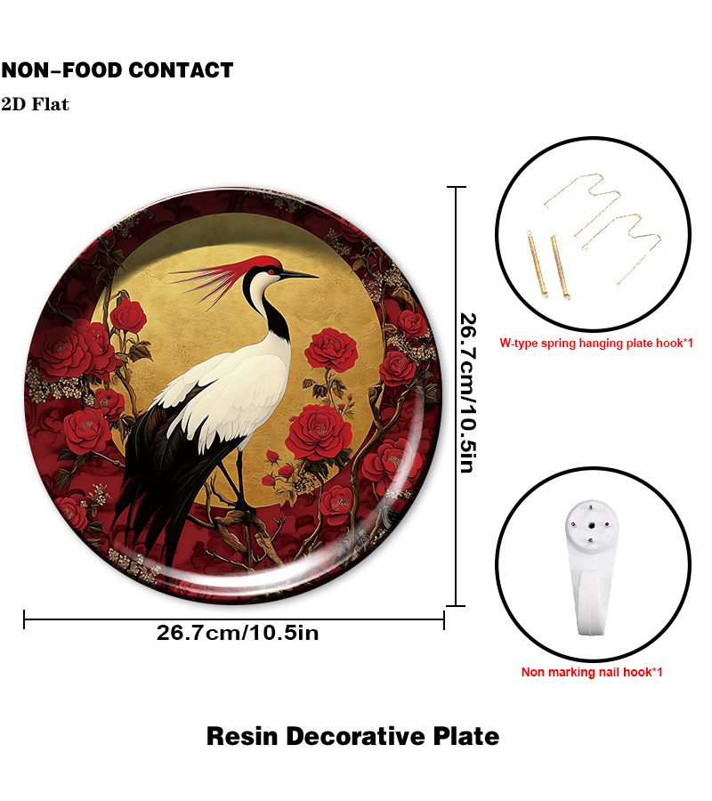 1pc Red Crane Floral Resin Decorative Plate 26.7 X 26.7cm Round Wall Art Suitable For Living Room Non Food Contact Ornamental With Crane Flower Modern Home Decoration For Dining Table Or Shelf Display 2d Flat - Image 3