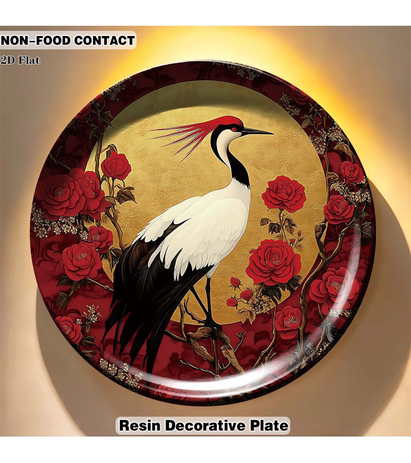 1pc Red Crane Floral Resin Decorative Plate 26.7 X 26.7cm Round Wall Art Suitable For Living Room Non Food Contact Ornamental With Crane Flower Modern Home Decoration For Dining Table Or Shelf Display 2d Flat - Image 5