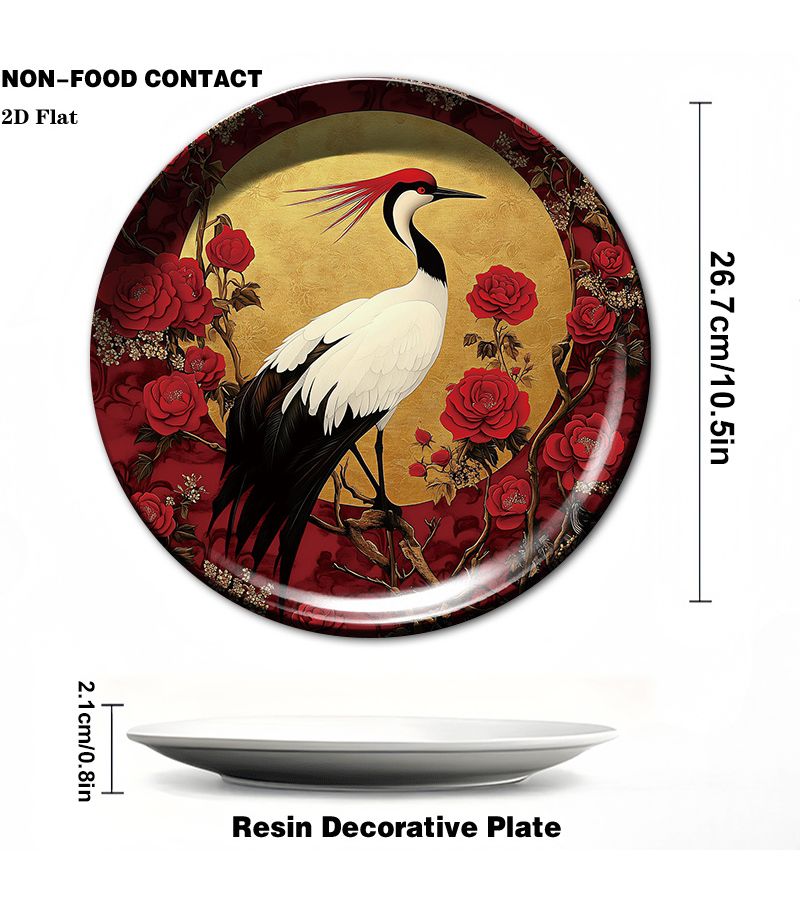 1pc Red Crane Floral Resin Decorative Plate 26.7 X 26.7cm Round Wall Art Suitable For Living Room Non Food Contact Ornamental With Crane Flower Modern Home Decoration For Dining Table Or Shelf Display 2d Flat - Image 4