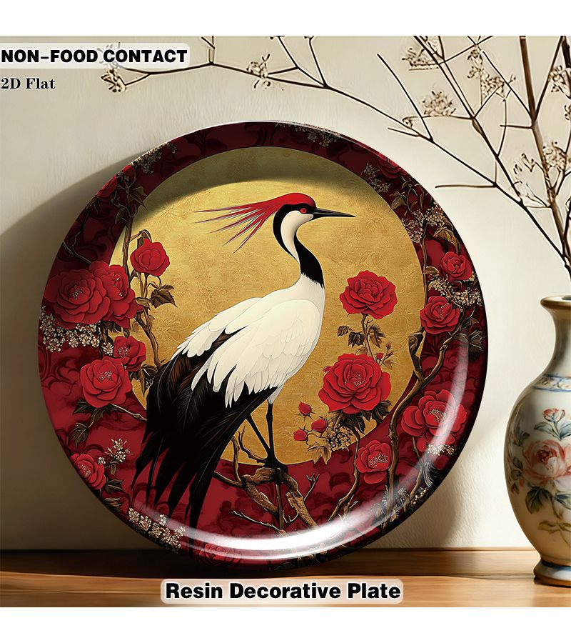 1pc Red Crane Floral Resin Decorative Plate 26.7 X 26.7cm Round Wall Art Suitable For Living Room Non Food Contact Ornamental With Crane Flower Modern Home Decoration For Dining Table Or Shelf Display 2d Flat - Image 2