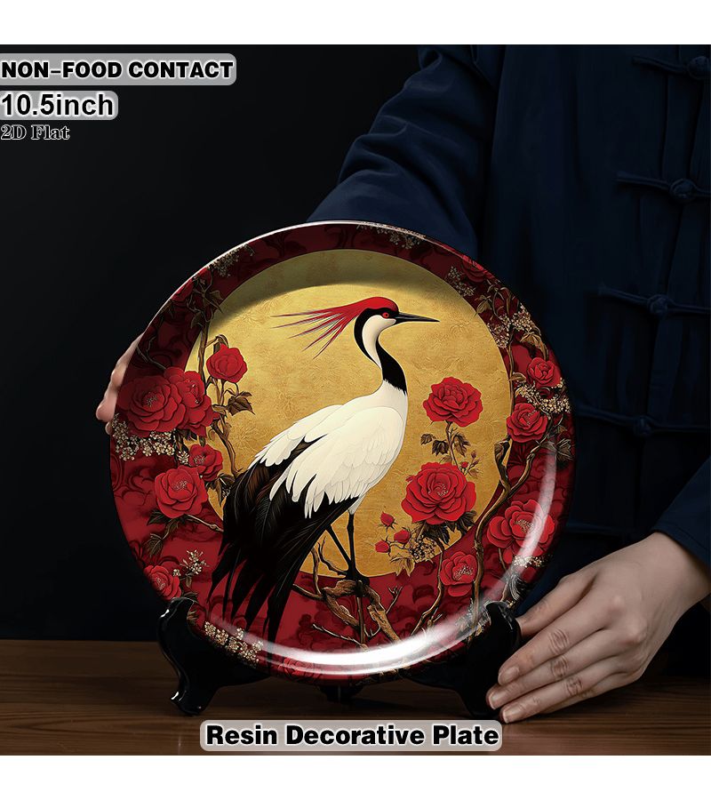 1pc Red Crane Floral Resin Decorative Plate 26.7 X 26.7cm Round Wall Art Suitable For Living Room Non Food Contact Ornamental With Crane Flower Modern Home Decoration For Dining Table Or Shelf Display 2d Flat - Image 1