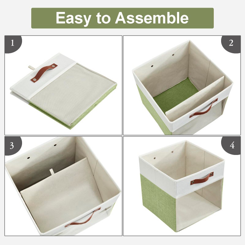 Bagnizer Storage Cubes, 4 Pack Linen Foldable Storage Bins (13 x 13 inch) with Clear Window and Handles, Fabric Organizer for Shelf Closet, Clothes, Books - (Green and White) - Image 3