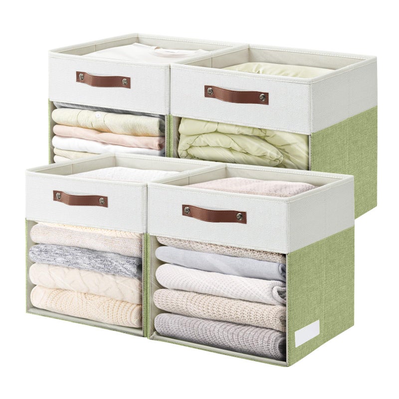 Bagnizer Storage Cubes, 4 Pack Linen Foldable Storage Bins (13 x 13 inch) with Clear Window and Handles, Fabric Organizer for Shelf Closet, Clothes, Books - (Green and White) - Image 1