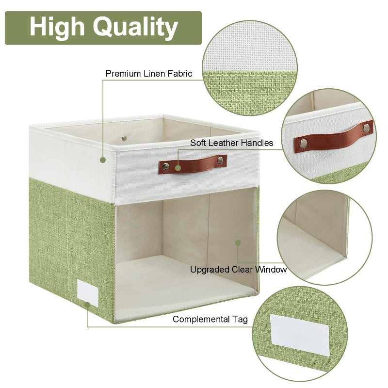 Bagnizer Storage Cubes, 4 Pack Linen Foldable Storage Bins (13 x 13 inch) with Clear Window and Handles, Fabric Organizer for Shelf Closet, Clothes, Books - (Green and White) - Image 4