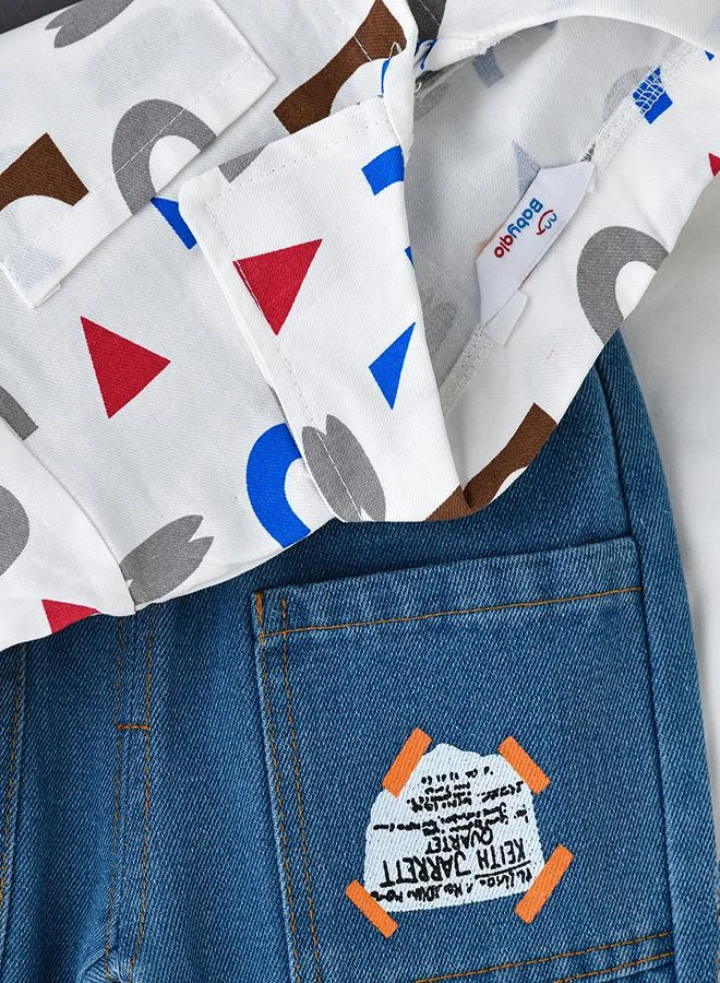 babyqlo Geometric Pattern Shirt, T-shirt and Pant Set for Boys