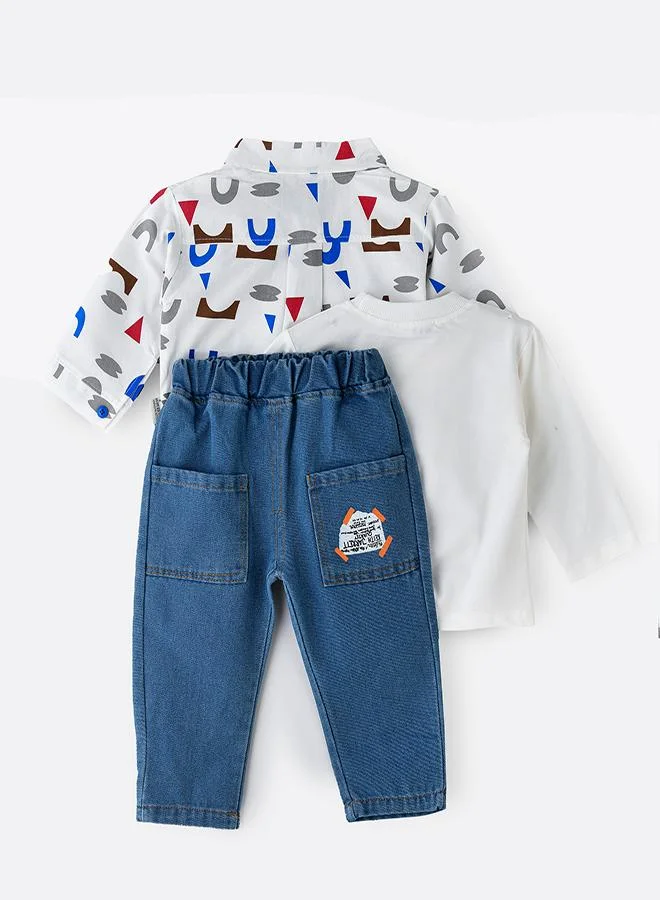babyqlo Geometric Pattern Shirt, T-shirt and Pant Set for Boys