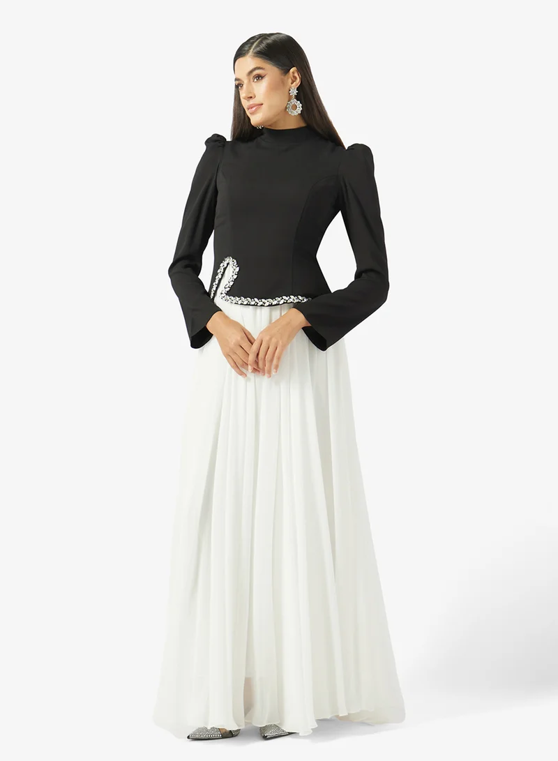 HIGH NECK CRYSTAL WAISTLINE CREPE DRESS