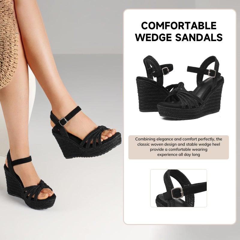 mikarka Sandals for Women 2026: Comfortable Wedge Platform Sandals Women - Braided Espadrilles for Women Ankle Strap Open Toe Wedges Heels Beach Sandals Summer Shoes Black, US Size 7.5 - Image 5