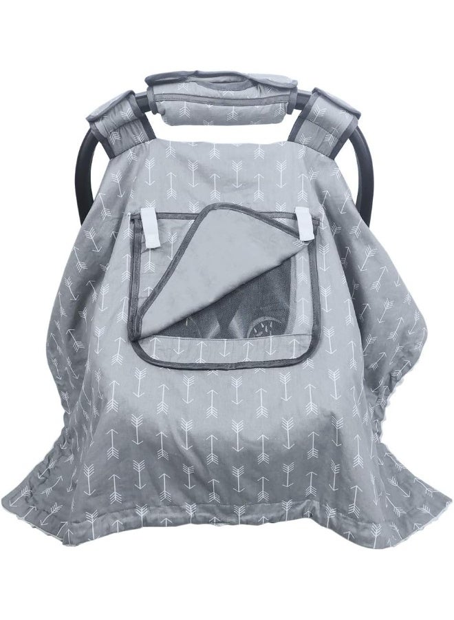 ICOPUCA Car seat Covers for Babies boy Girl, Carseat Canopy for Newborn Carrier, 2 Layers Windows of mesh/Fabric, No Shifting on Carrier Handle, Cotton and Fleece, Handle Cushion, White Minky - Image 1